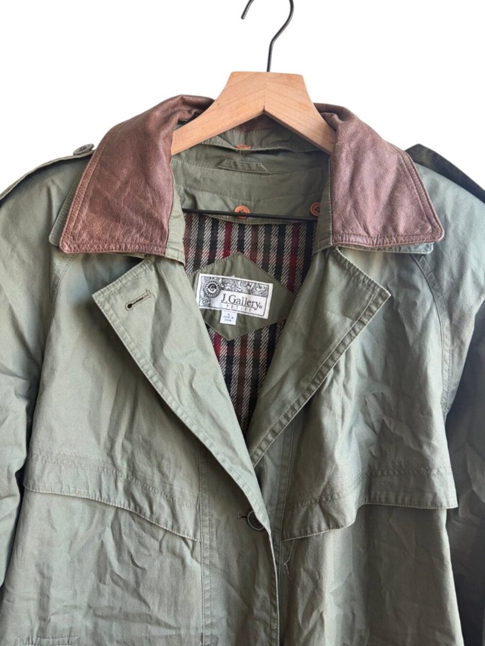 Vintage J Gallery Olive Green Long Trench Coat with Brown Leather Collar Size 12 - Picture 6 of 12
